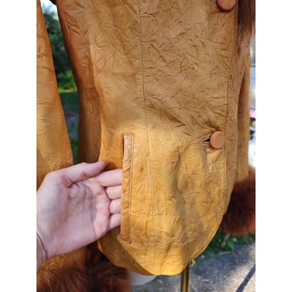 Vtg 90s Commandments Funky Hippie Spikey Fur Trim Leather 70s Style Coat Sz S - Picture 6 of 9